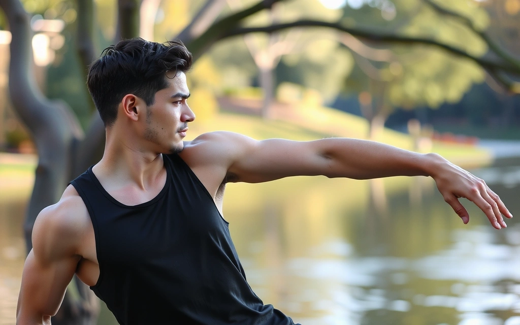 A man performing a dynamic stretch, with a blurred natural background, symbolizing vitality and health.