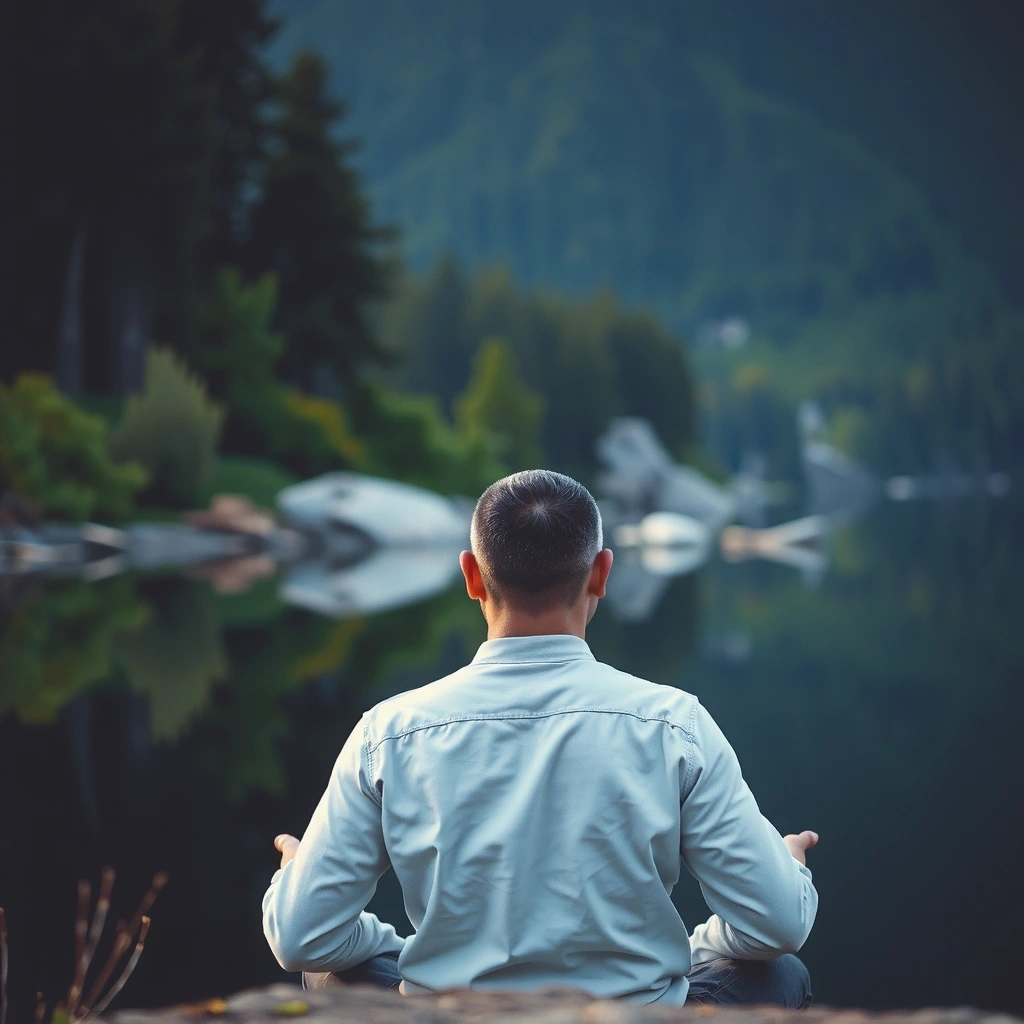 Man meditating in a peaceful natural setting, symbolizing healthy lifestyle